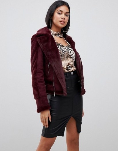 Lipsy aviator jacket with faux fur lining in burgundy | dark red winter jackets - flipped