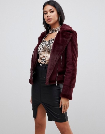 Lipsy aviator jacket with faux fur lining in burgundy | dark red winter jackets