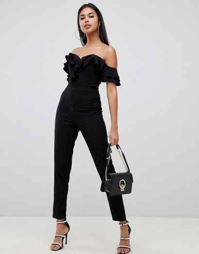 Lipsy frill front bardot jumpsuit in black – off the shoulder glamour - flipped
