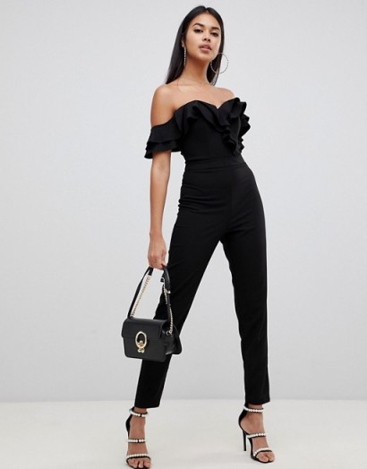 Lipsy frill front bardot jumpsuit in black – off the shoulder glamour