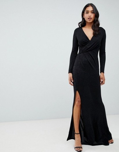 Lipsy glitter wrap maxi dress in black – glamorous evening gowns - flipped