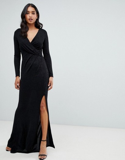 Lipsy glitter wrap maxi dress in black – glamorous evening gowns