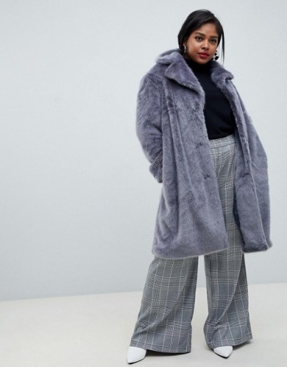 Lost Ink Plus longline faux fur coat in grey ~ luxe style plus size winter coats - flipped