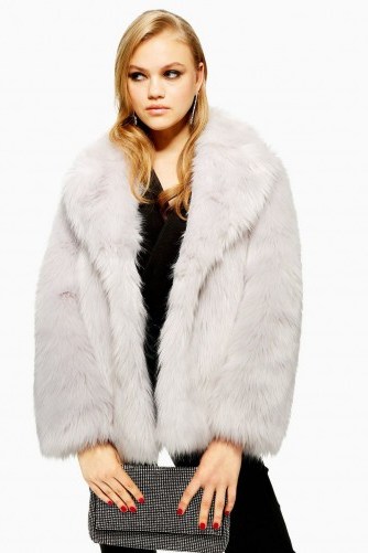 TOPSHOP Luxe Pale Grey Faux Fur Coat – luxury style fluffy winter jacket - flipped