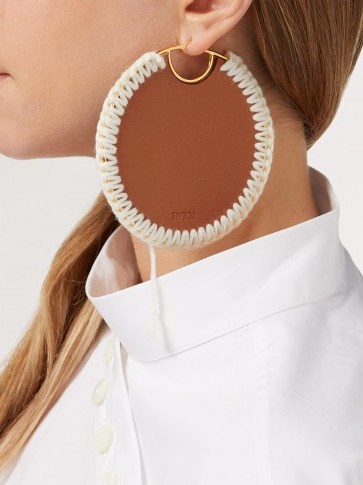 LOEWE Macramé-stitched tan leather earrings ~ large brown discs - flipped