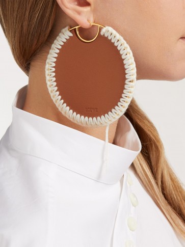 LOEWE Macramé-stitched tan leather earrings ~ large brown discs