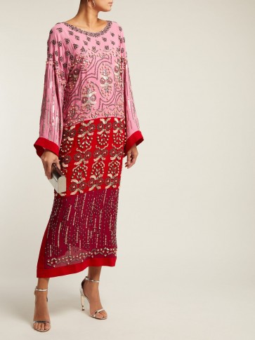 SALONI Maki embroidered pink and red silk kaftan