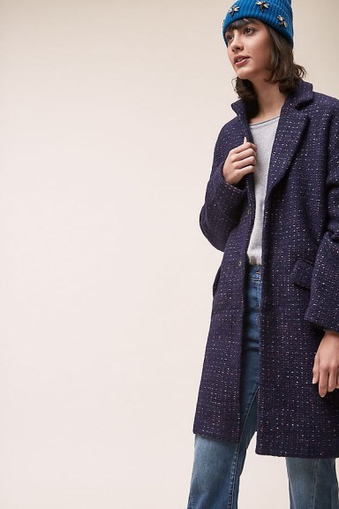 Suncoo Manteau Tailored Coat in Navy – blue speckled wool blend winter coats - flipped