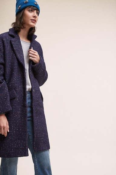 Suncoo Manteau Tailored Coat in Navy – blue speckled wool blend winter coats