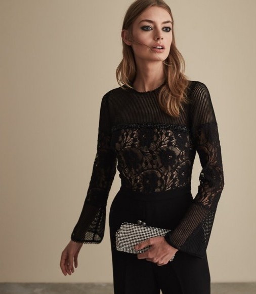 Reiss MARION LACE EMBELLISHED JUMPSUIT BLACK | glamorous party wear - flipped