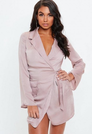 MISSGUIDED mauve hammered satin tie side blazer dress – wrap style dresses - flipped