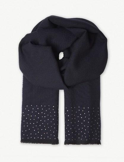 MAX MARA Corona crystal-embellished navy wool scarf – luxe winter accessory - flipped