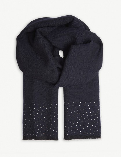 MAX MARA Corona crystal-embellished navy wool scarf – luxe winter accessory