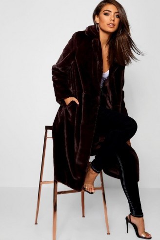 boohoo Maxi Soft Faux Fur Coat in Chocolate | dark brown winter coats - flipped