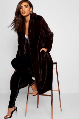 boohoo Maxi Soft Faux Fur Coat in Chocolate | dark brown winter coats
