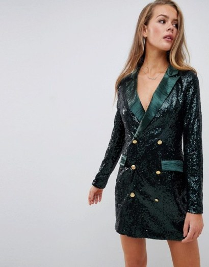Missguided double breasted sequin blazer mini dress in green – embellished jacket dresses – glamorous partywear - flipped