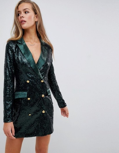 Missguided double breasted sequin blazer mini dress in green – embellished jacket dresses – glamorous partywear