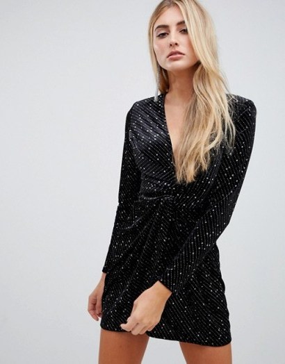 Missguided velvet glitter wrap front mini dress in black – glamorous lbd - flipped