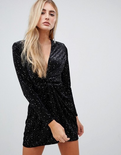 Missguided velvet glitter wrap front mini dress in black – glamorous lbd
