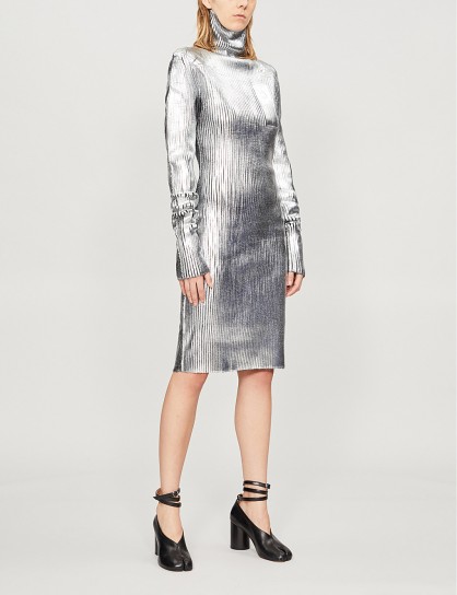 MM6 MAISON MARGIELA Turtleneck silver metallic knitted dress / high shine fashion