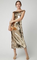 Saloni Therese Off-The-Shoulder Sequin Midi Dress in Metallic ~ luxe evening wear