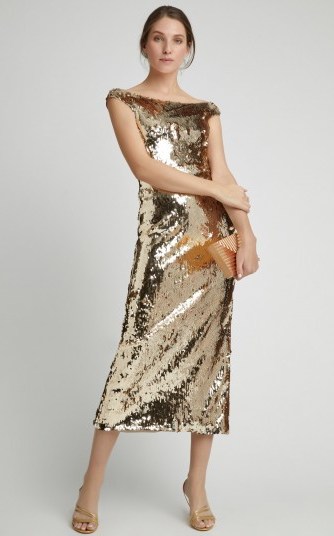 Saloni Therese Off-The-Shoulder Sequin Midi Dress in Metallic ~ luxe evening wear - flipped