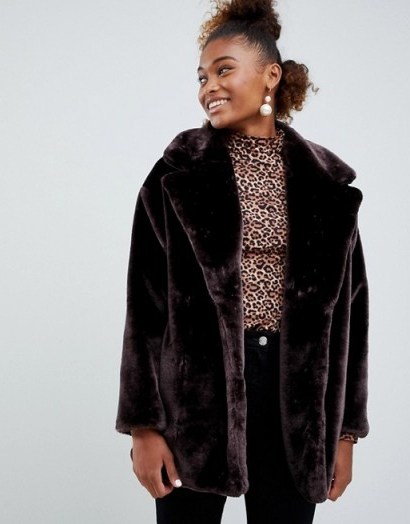 Monki faux fur jacket in dark brown | winter glamour - flipped