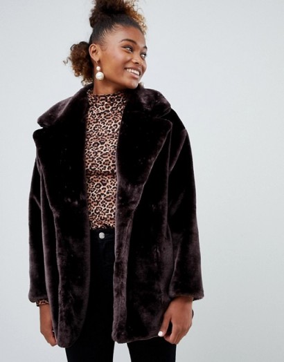 Monki faux fur jacket in dark brown | winter glamour