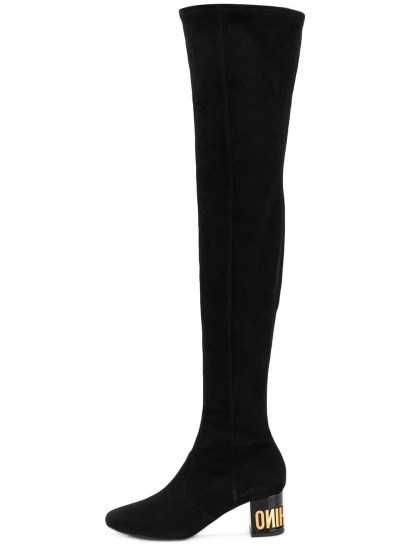 MOSCHINO over-the-knee logo heel boots in black suede - flipped