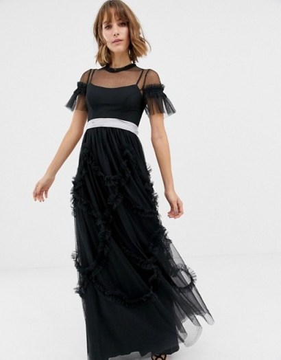 Needle & Thread tulle maxi gown with shirring detail in black | long ruffle trimmed party frock - flipped