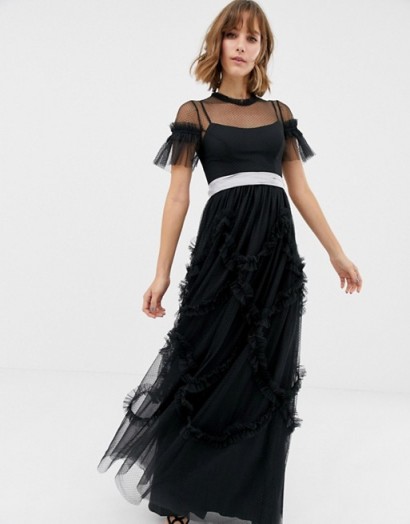 Needle & Thread tulle maxi gown with shirring detail in black | long ruffle trimmed party frock
