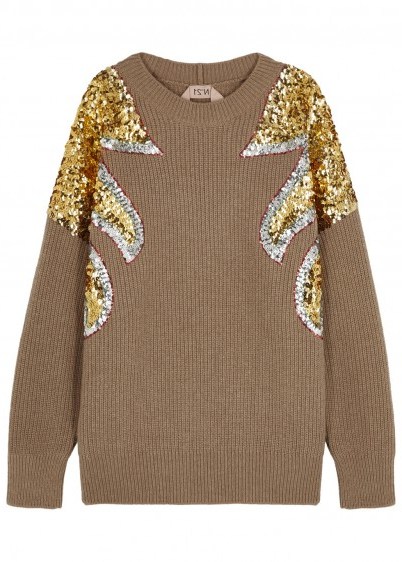 NO.21 Taupe sequin-embellished wool jumper / sequinned knitwear - flipped