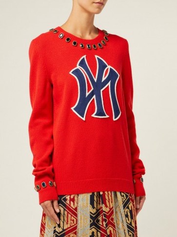 GUCCI NY Yankees crystal-embellished red wool sweater | logo appliqué jumper - flipped