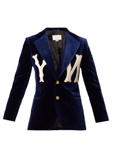 GUCCI NY Yankees-appliqué navy velvet blazer - flipped