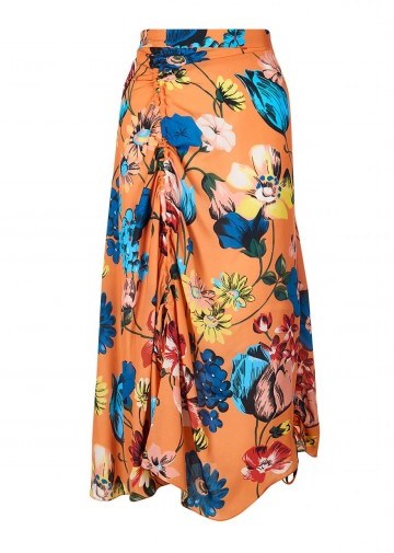 HOUSE OF HOLLAND ORANGE FLORAL ROUCHED MIDI SKIRT | gathered detail - flipped