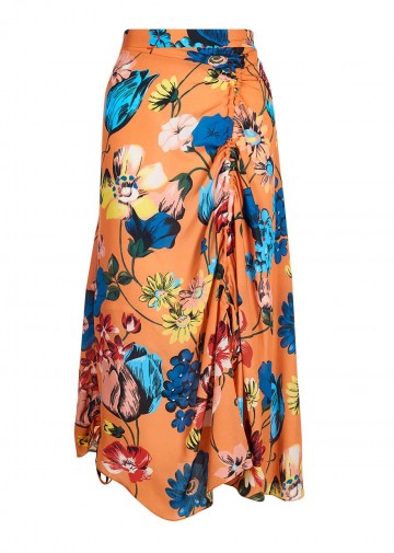 HOUSE OF HOLLAND ORANGE FLORAL ROUCHED MIDI SKIRT | gathered detail