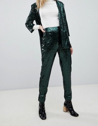 Outrageous Fortune sequin cigarette trouser Co-ord in emerald green – shimmering party pants - flipped