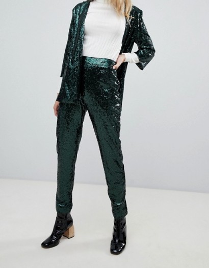 Outrageous Fortune sequin cigarette trouser Co-ord in emerald green – shimmering party pants