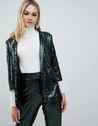 Outrageous Fortune sequin tuxedo blazer Co-ord in emerald green – shimmering going out jacket - flipped