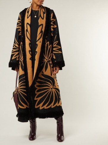 MARIT ILISON Palm-intarsia tasselled black and orange cotton coat ~ statement clothing - flipped