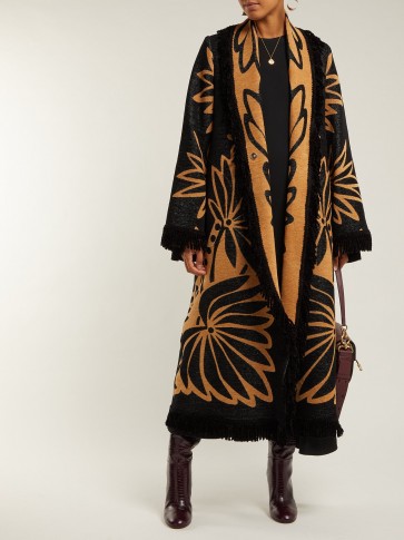 MARIT ILISON Palm-intarsia tasselled black and orange cotton coat ~ statement clothing