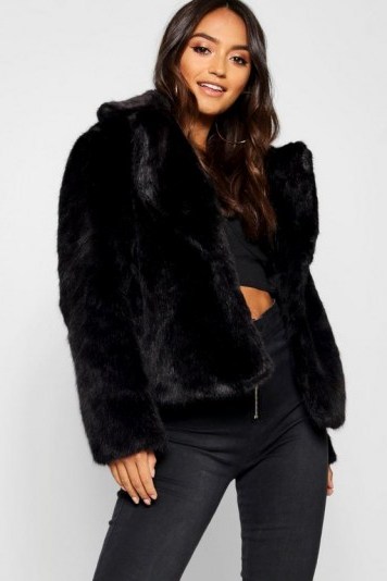 boohoo Petite Luxe Faux Fur Coat in Black - flipped