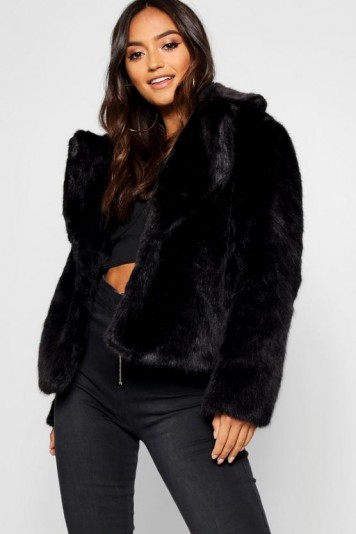 boohoo Petite Luxe Faux Fur Coat in Black