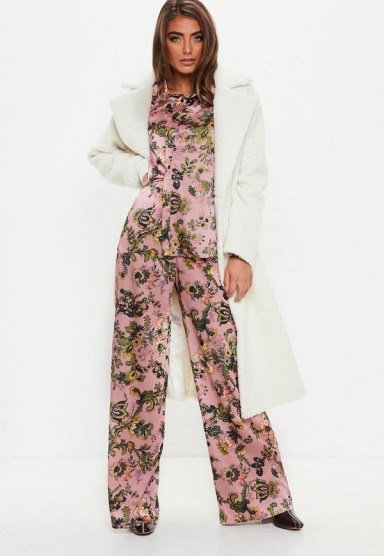 MISSGUIDED pink floral print wide leg trousers – pyjama style pants - flipped