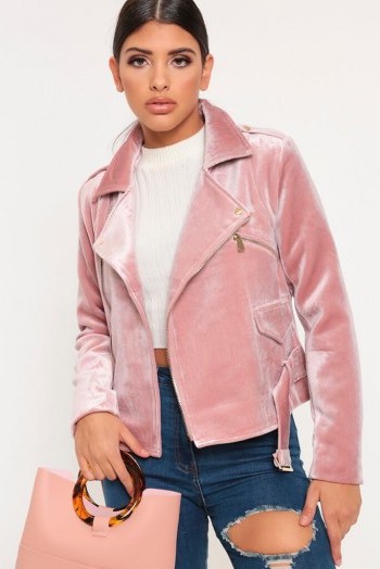 I SAW IT FIRST Pink Velvet Biker Jacket – casual luxe-style jackets - flipped