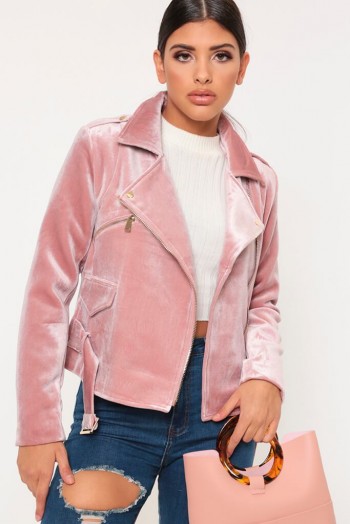 I SAW IT FIRST Pink Velvet Biker Jacket – casual luxe-style jackets