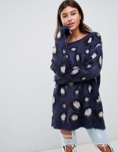 PrettyLittleThing fluffy oversized jumper in leopard | blue animal prints | slouchy knitwear - flipped