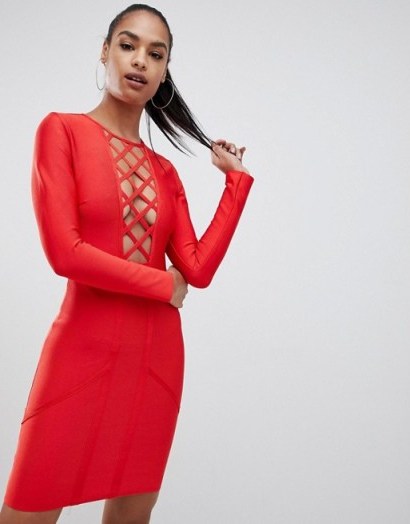 PrettyLittleThing lattice detail bandage bodycon mini dress in red | fitted plunge front frock - flipped