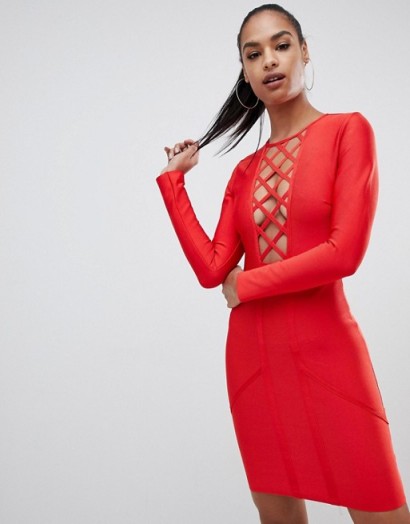 PrettyLittleThing lattice detail bandage bodycon mini dress in red | fitted plunge front frock