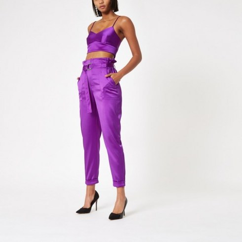 River Island Purple satin paper bag waist trousers | bright party fashion - flipped